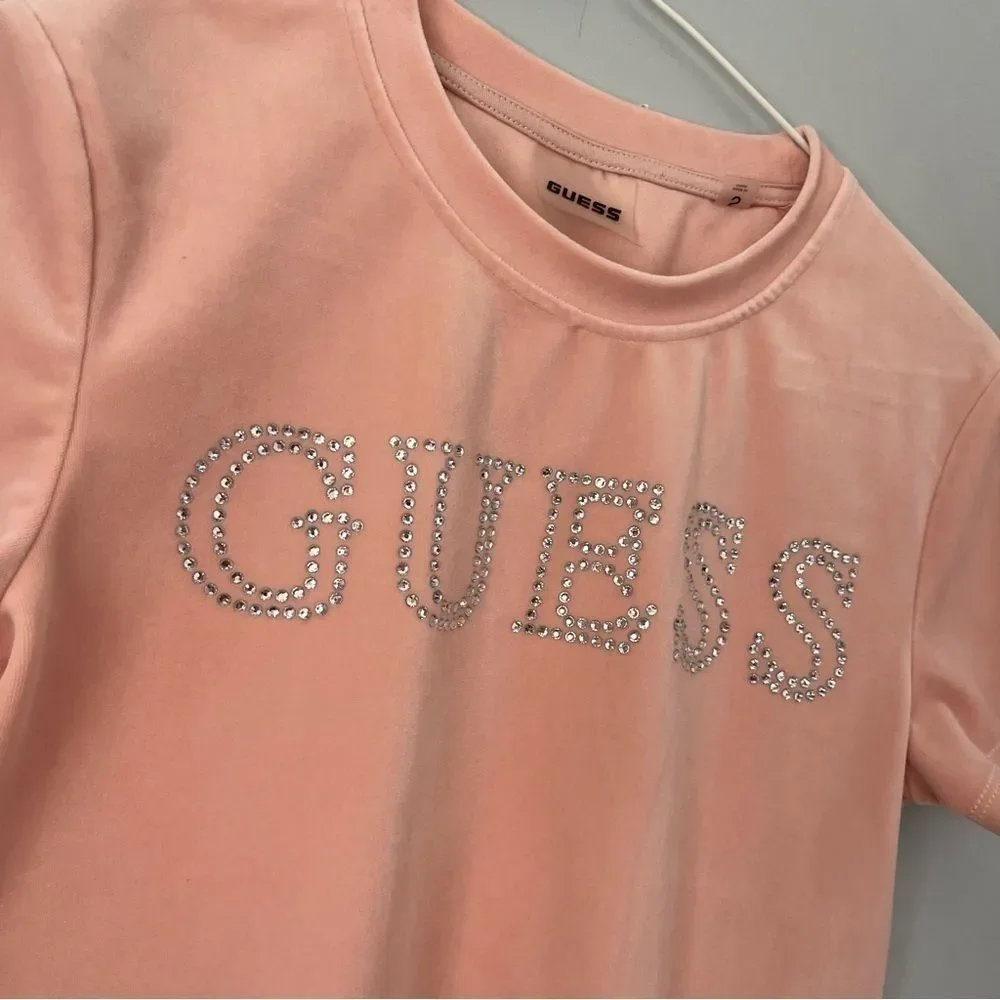 Guess Rhinestone Front Logo Powder Pink Velour Cropped Short Sleeve Shirt Size S